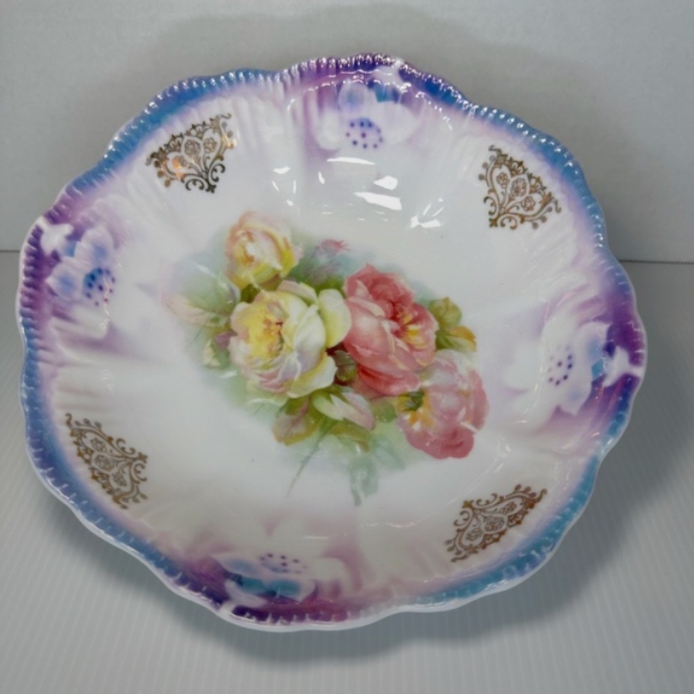 Antique German Schwarzenhammer Bavaria Floral Serving Bowl 9” X 2.5” Iridescent